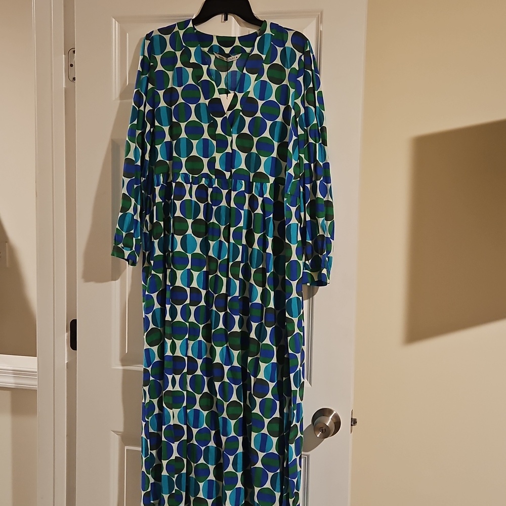 Zara Blue & Green Long-Sleeve Geometric Midi Dress